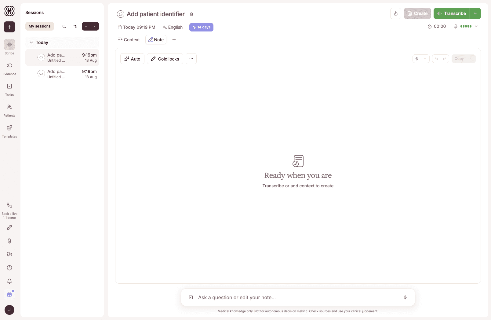 Heidi Health clinical AI workspace with transcription and note tools