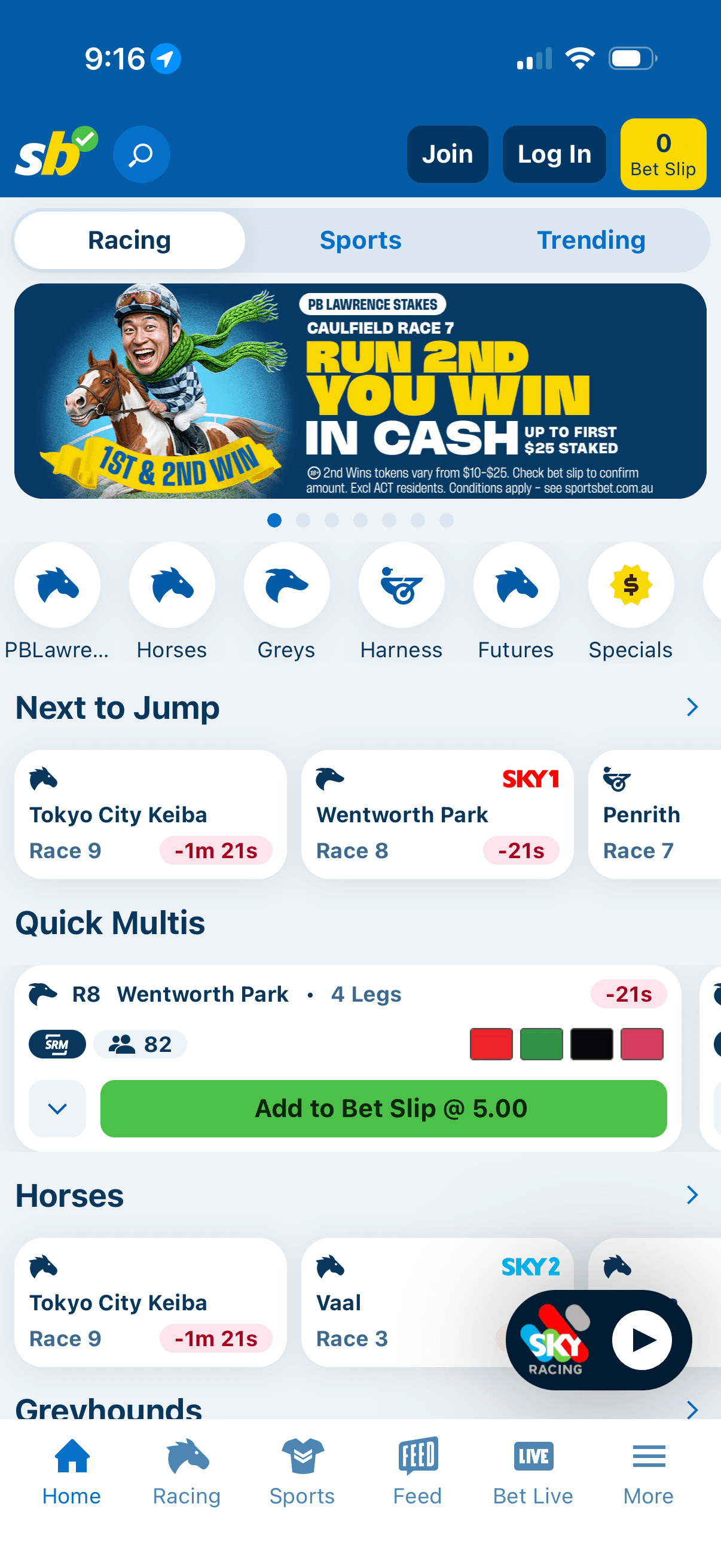 Sportsbet mobile application home screen with racing markets and betting controls